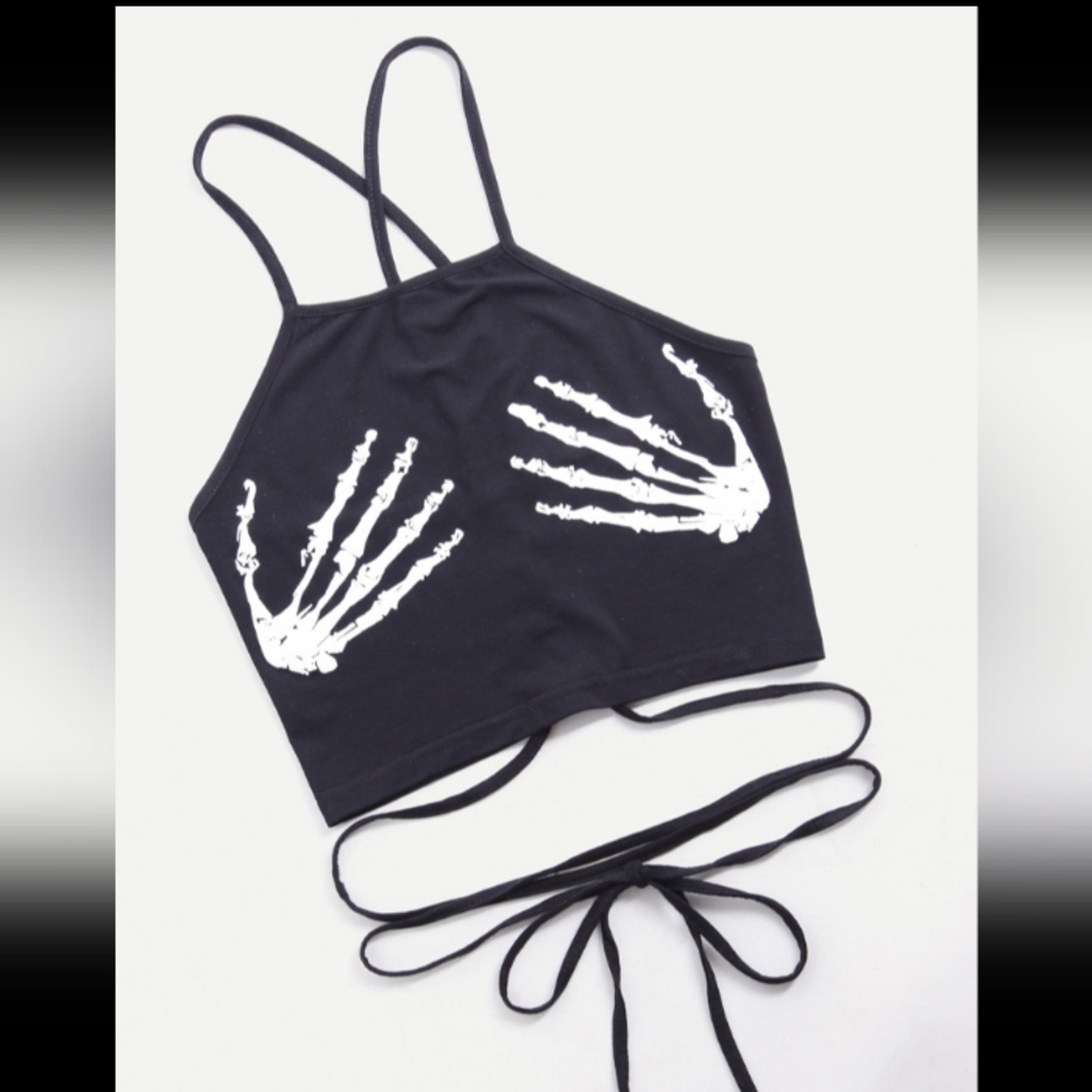 Black Crop Top with Skeleton Hand Design